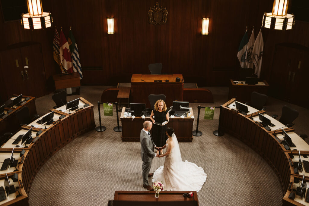 A couple getting married at Vancouver City Hall.
